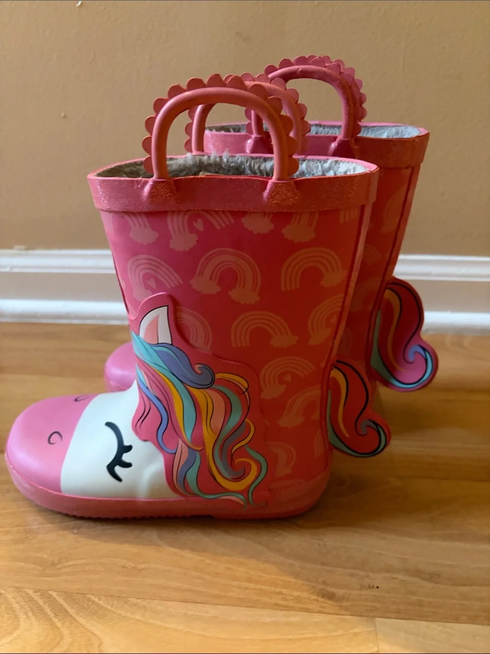 Kids Pink Unicorn Rain Boots with Easy Pull Handles